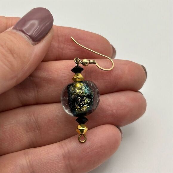 Black & Gold Tone Swirl Glass Marble Beaded Dangle Earrings Hook Handmade - Picture 5 of 8
